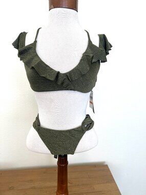 NWT Soluna Swim Bikini - Olive Green Gold Sparkle - Flutter Sleeve - Size Small